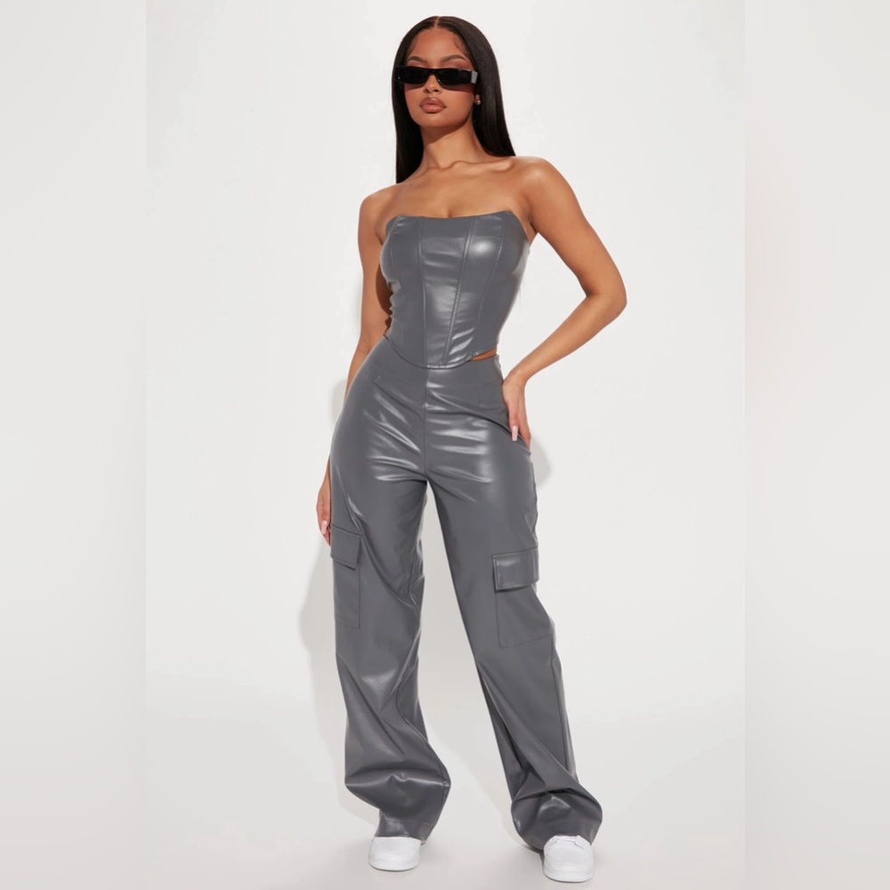 Fashion Nova Faux Leather Two Piece Set Gray